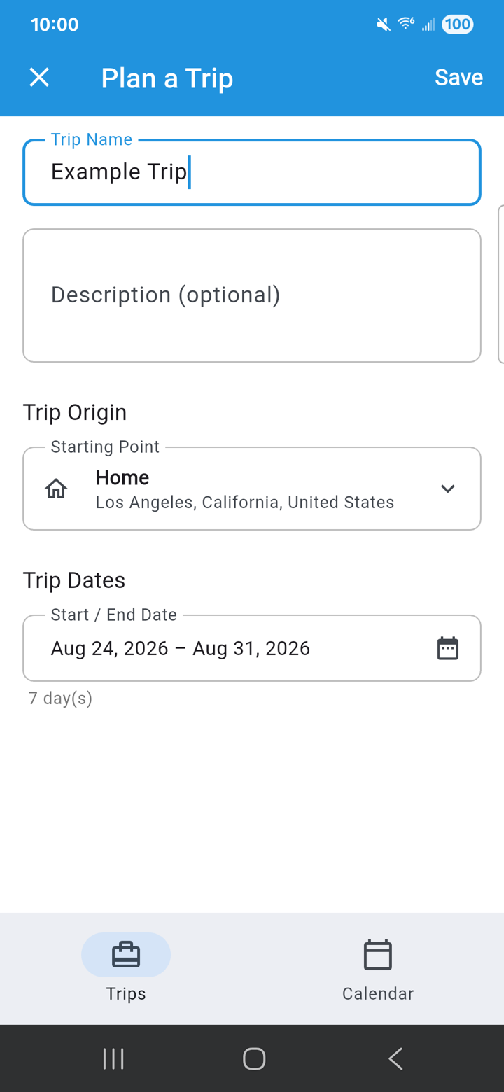 Create Trip form with name and dates filled in