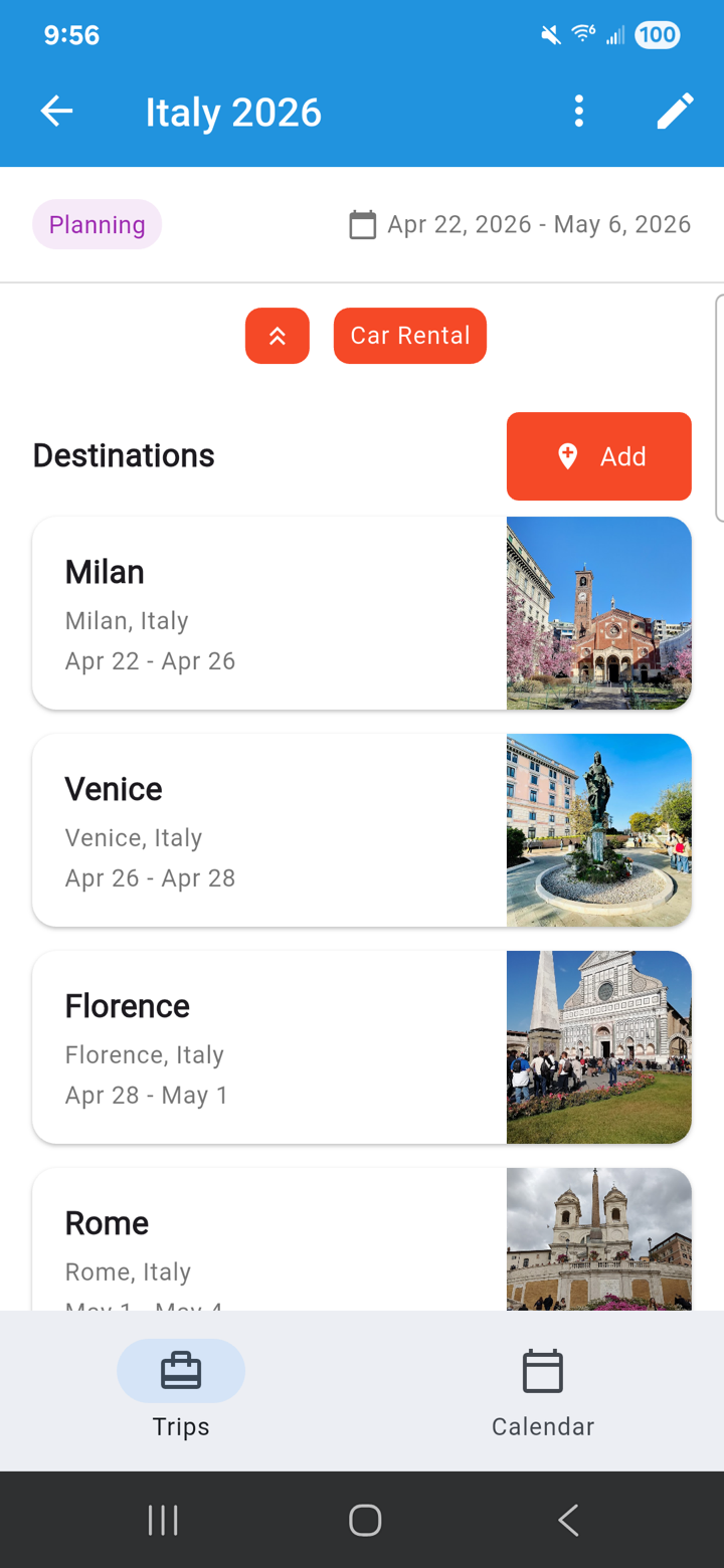Italy 2026 trip showing the destination list: Milan, Venice, Florence, Rome, and Naples
