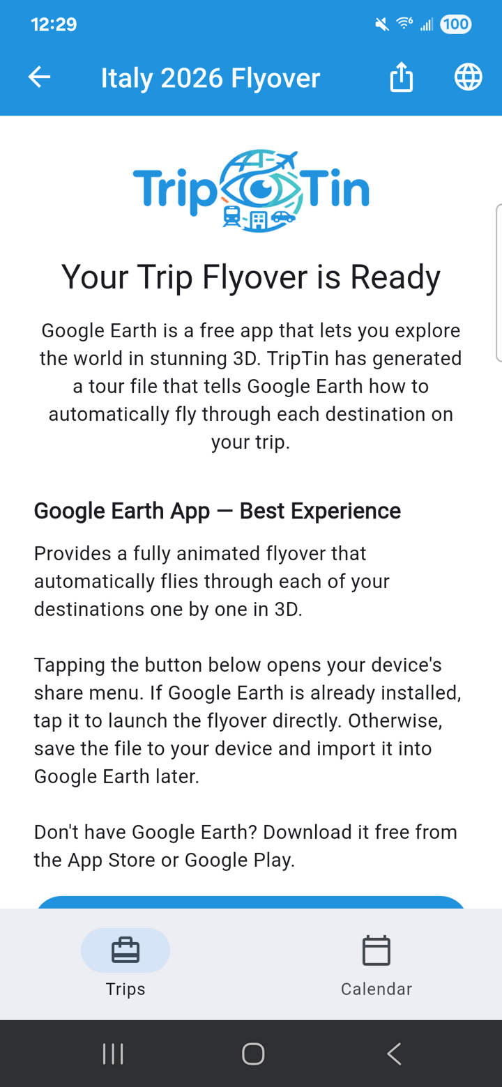 Trip Flyover screen explaining the Google Earth integration