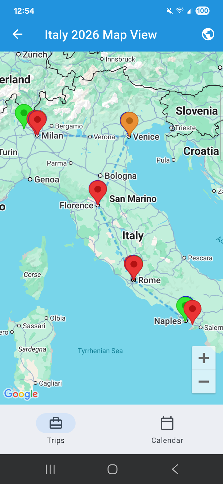 Map View showing all Italy 2026 destinations and entry pins on Google Maps