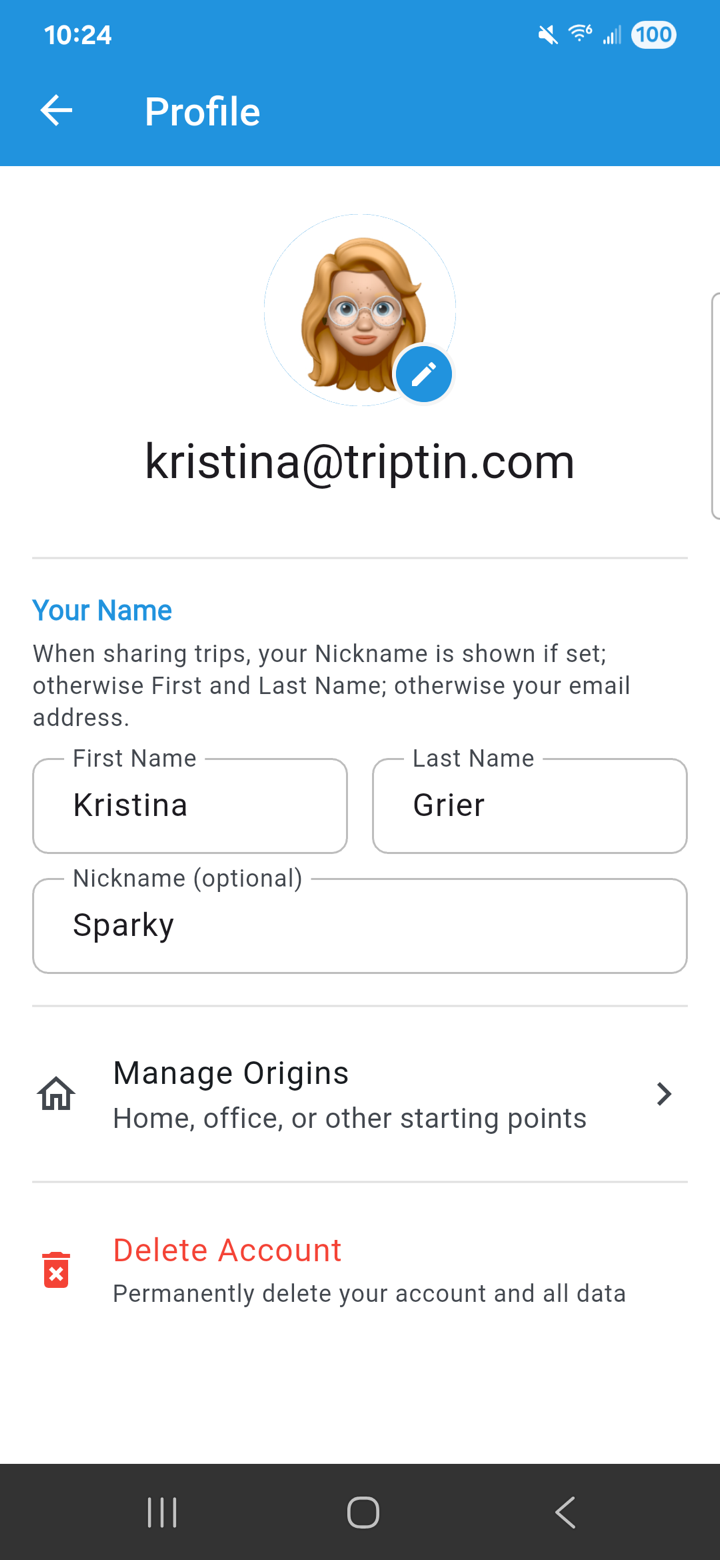 Profile screen with avatar and home origin