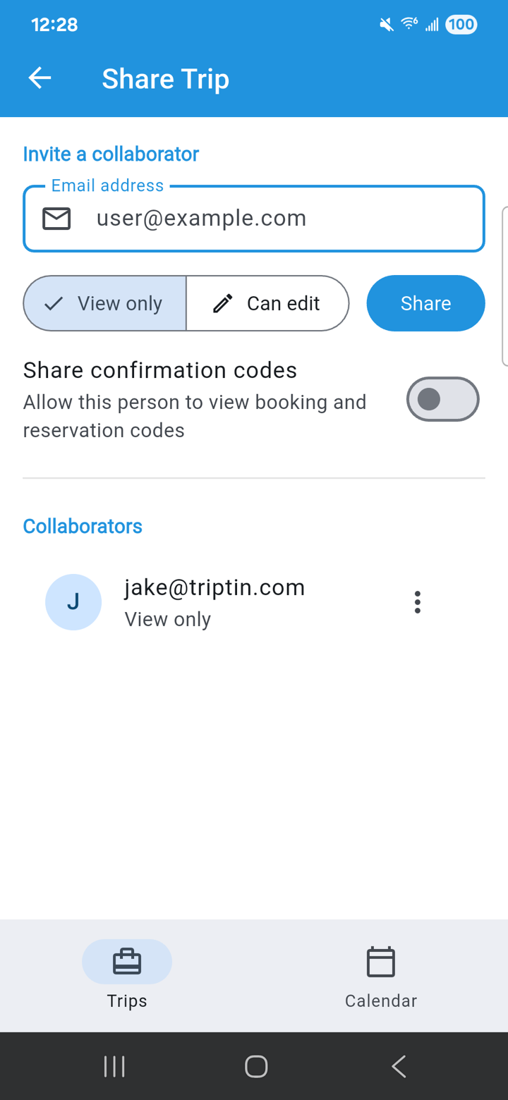 Share Trip screen with invite form, role toggle, and collaborators list