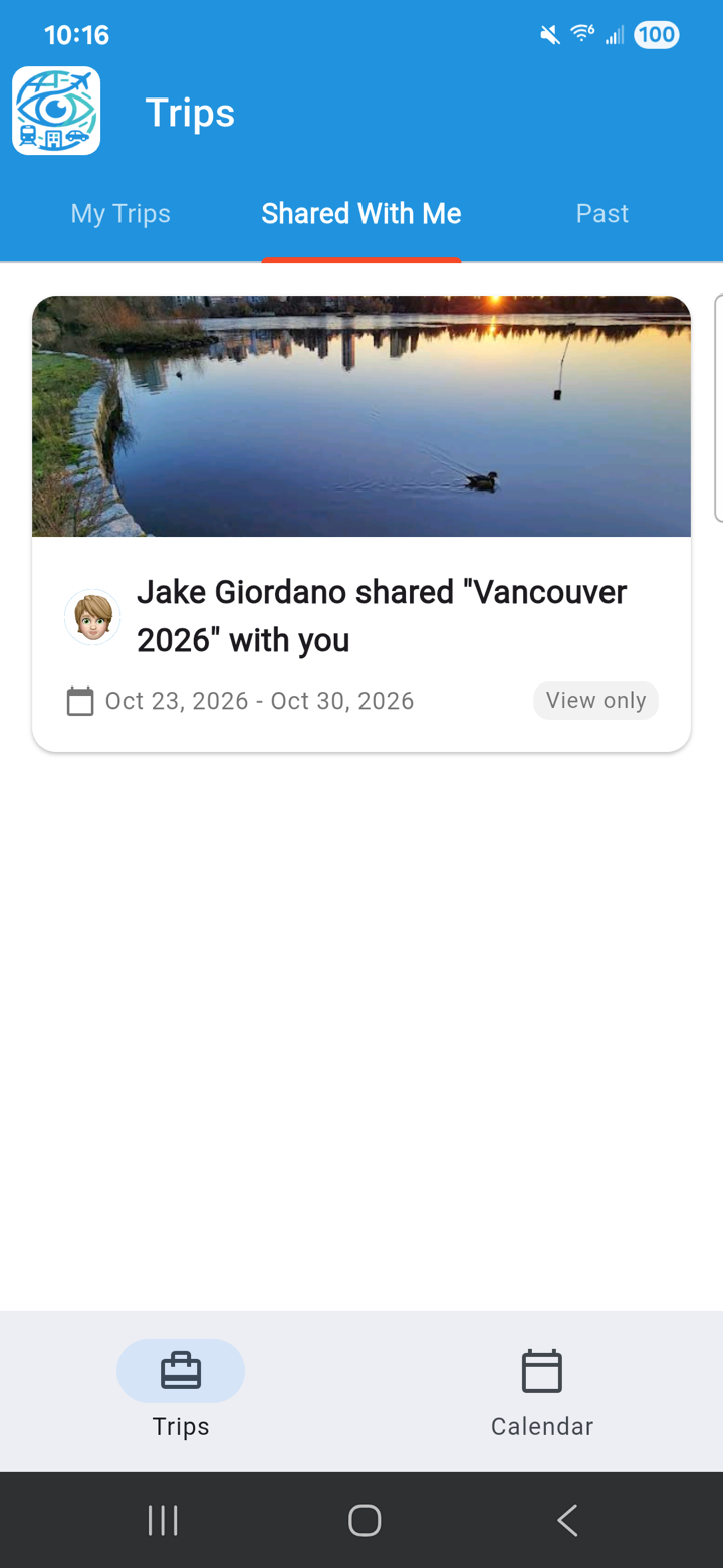 Shared With Me tab showing a trip shared by another user