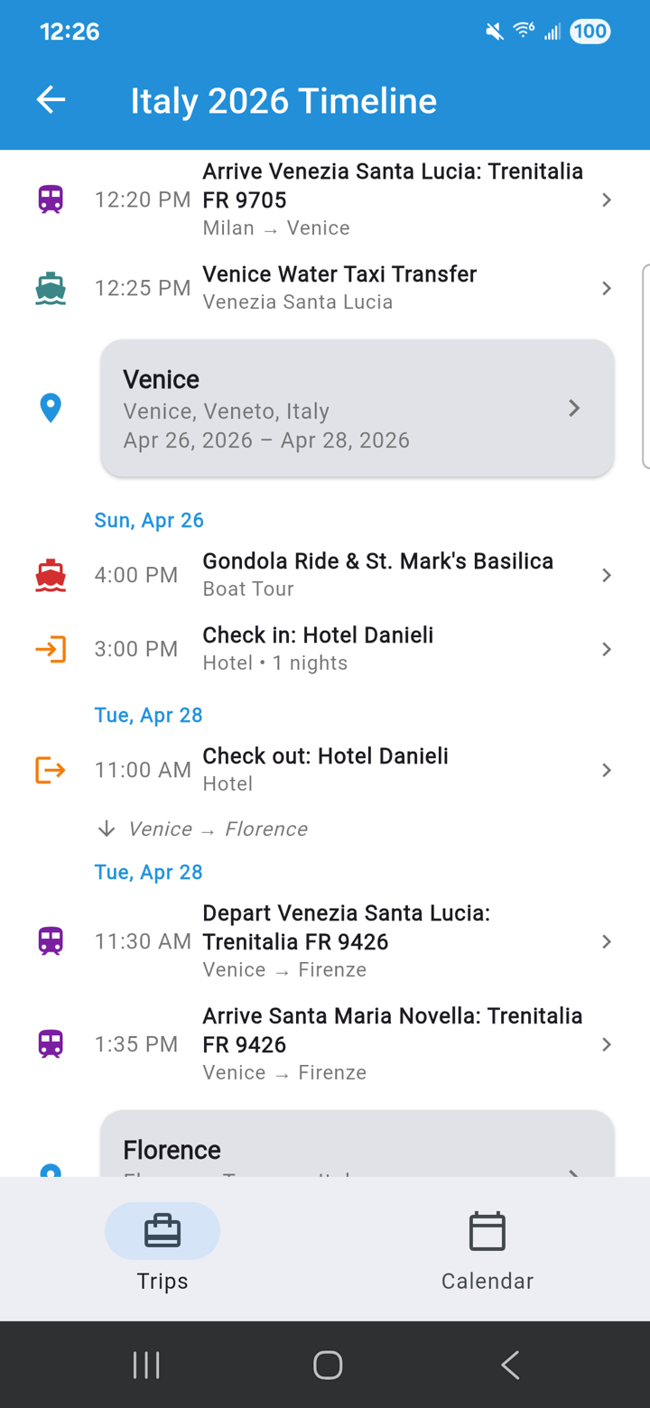 Italy 2026 Timeline showing entries in chronological order across destinations