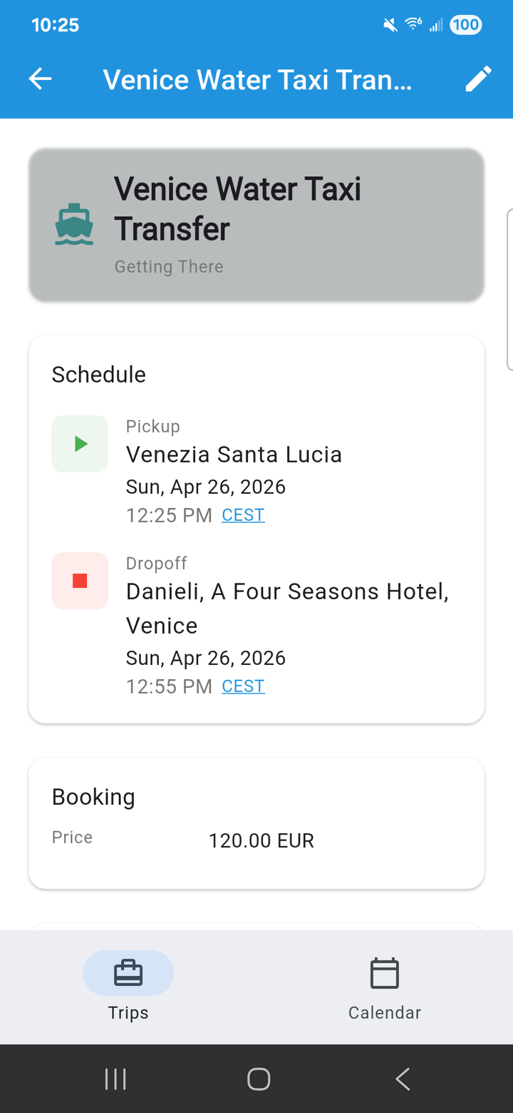 Transfer detail — Venice water taxi with boat icon