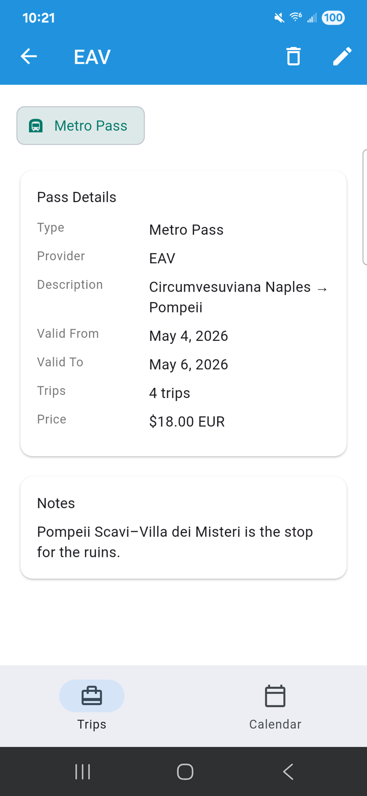 Transit pass detail screen