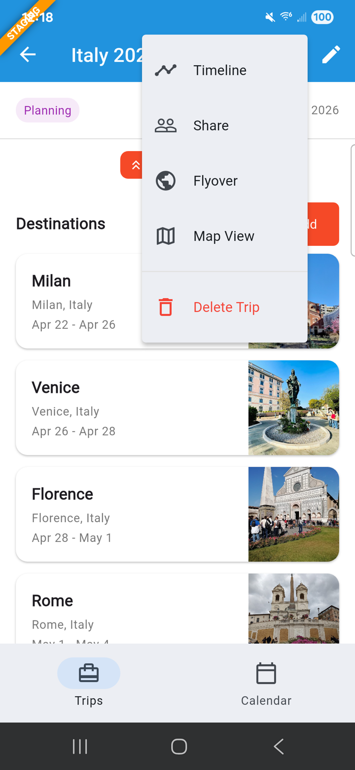 Trip Detail 3-dot menu showing Timeline, Share, Flyover, Map View, and Delete Trip
