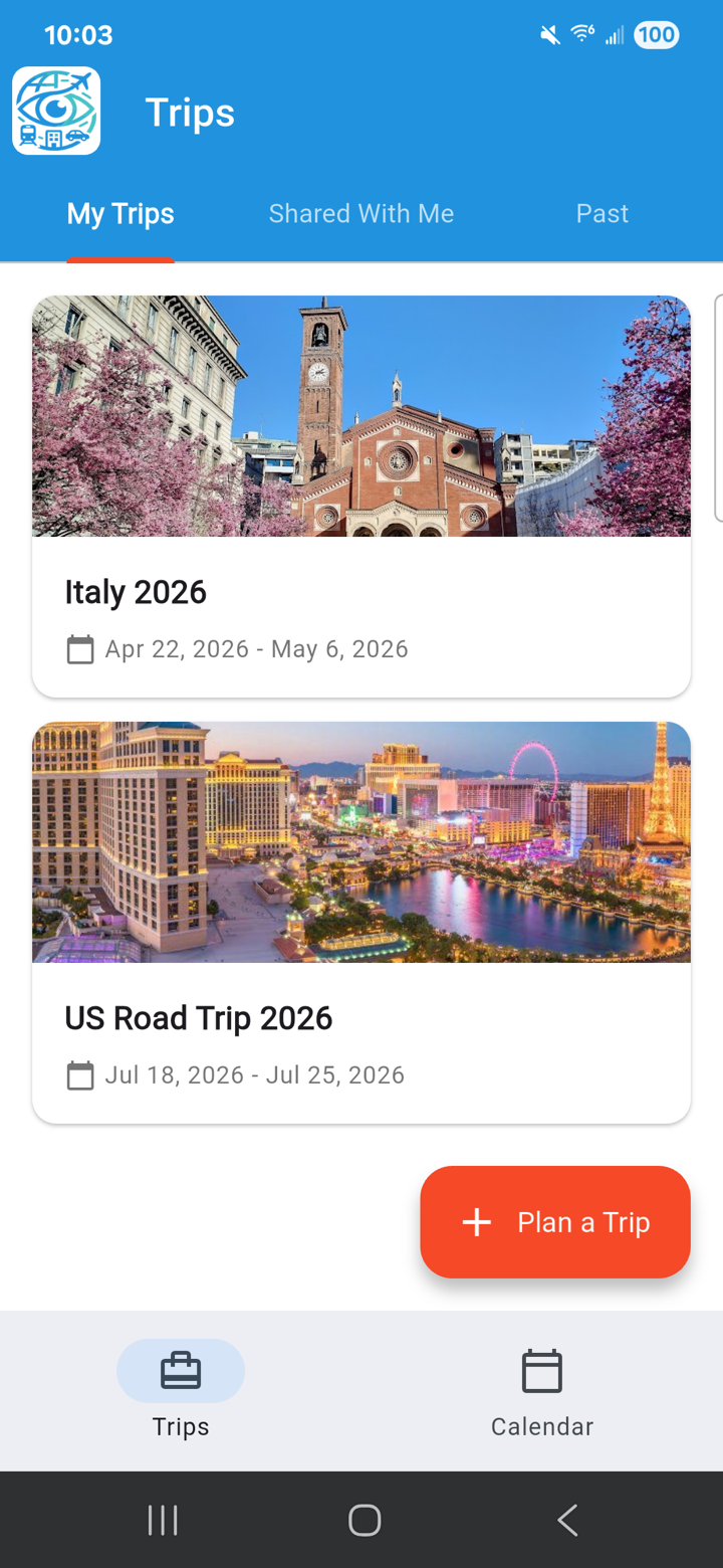TripTin Trips list showing upcoming and past trips with the bottom navigation
