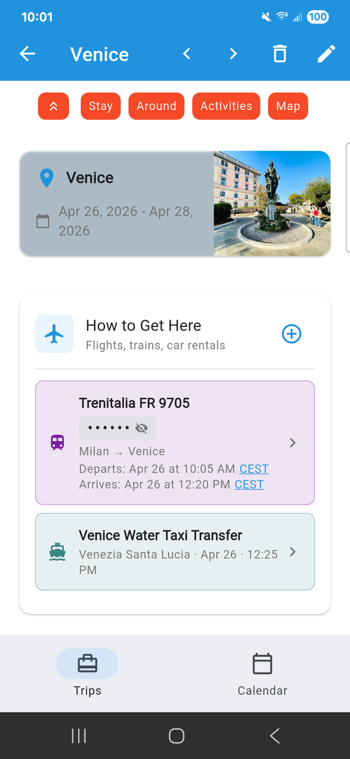Destination detail screen showing Venice with train, hotel, water taxi, and activities