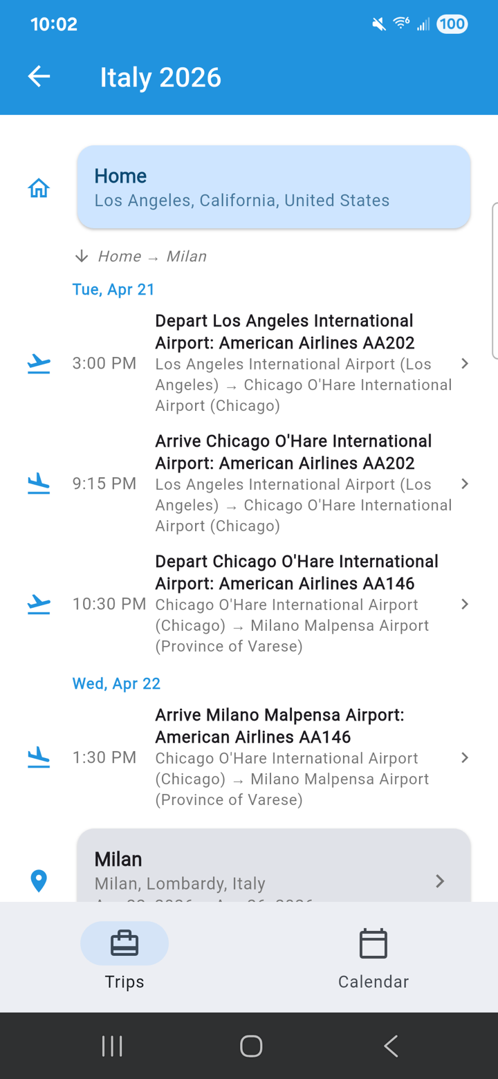 Trip timeline view showing entries across all destinations